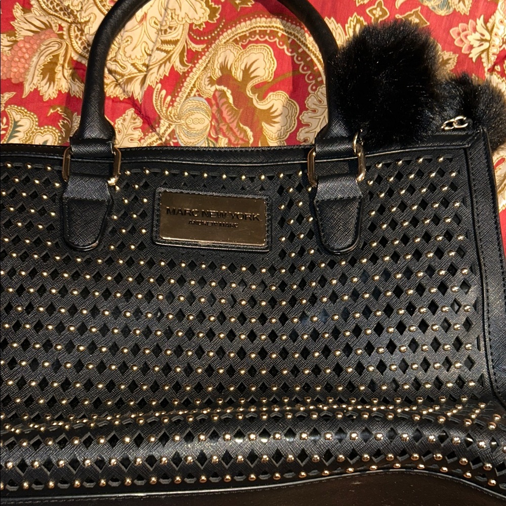 Marc New York Black Tote with Gold Studs And Black Pom-Poms